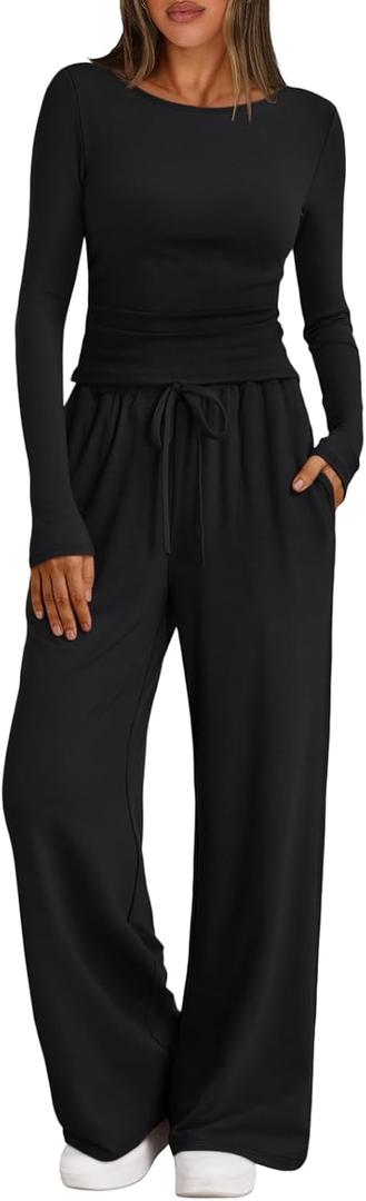 Trendy Queen Women's 2 Piece Matching Lounge Set Boat Neck Slim Fitted Top Wide Leg Pants Casual Tracksuits (Large, Black)