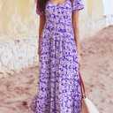PRETTYGARDEN Puff Short Sleeve Cewneck Floral Long Fall Dresses for Women 2025 Flowy Tiered Hem Maxi Wedding Guest Dress (Purple, S)