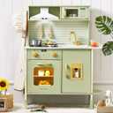 Tiny Land Play Kitchen for Kids, Wooden Farmhouse Kitchen Playset Chef Pretend Play Set for Toddlers w/Real Lights & Sounds, Toys Kitchen with 18 Pcs Toy Food & Cookware Accessories, Sage Green, 40 inches x 30.3 inches x 11.8 inches