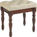 Vanity Bench Stool with Upholstered Seat, Piano Bench with Solid Wood Carving Legs, Home Chairs Button Padded Cushion, Makeup Dressing Bench, No-Tools Assembly, Cherry Walnut Leg & Beige FD1533BG