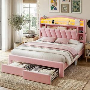 MapleGrace LED Queen Bed Frame with Storage, Pink