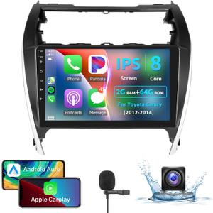 8 Core 2+64G Android Car Stereo for Toyota Camry 2012 2013 2014 with Wireless Carplay Android Auto Car Radio, 10.1 Head Unit Touch Screen Mirror Link WiFi GPS Bluetooth FM RDS DSP Backup Camera SWC