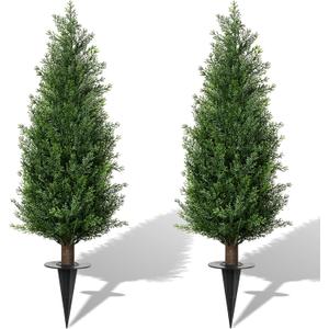 3FT Artificial Cedar Topiary Trees with Ground Spike, Set of 2 UV Resistant Fake Evergreen Bushes Shrubs Trees Artificial Plants Realistic Faux Cypress Plants for Indoor Outdoor Front Porch Garden