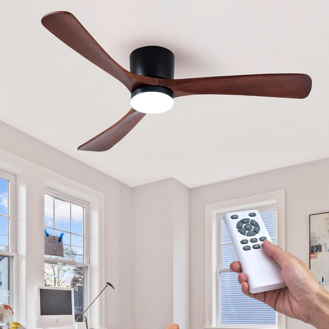 HUMHOLD 52" Flush Mount Ceiling Fan with Lights Remote Control, 3 Blades Wood Ceiling Fans, Quiet Reversible DC Motor, 6-Speed, Timer, Modern Ceilingfans for Low Profile, Walnut and Matte Black