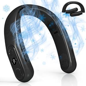 OLV Rechargeable 4 Turbo 6000mAh Portable Neck Fan - 360 Cooling Airflow, 3 Speeds, LED Battery Display, Foldable, Bladeless - Personal Fan for Work, Travel, Outdoor Activities - Black