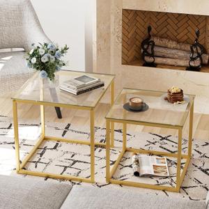 VILAWLENCE Coffee Table Set of 2, Modern Gold Glass Side Table, Metal Frame Square End Table, Center Tables Nesting Coffee Table for Living Room,Bedroom and Small Spaces (19.7")