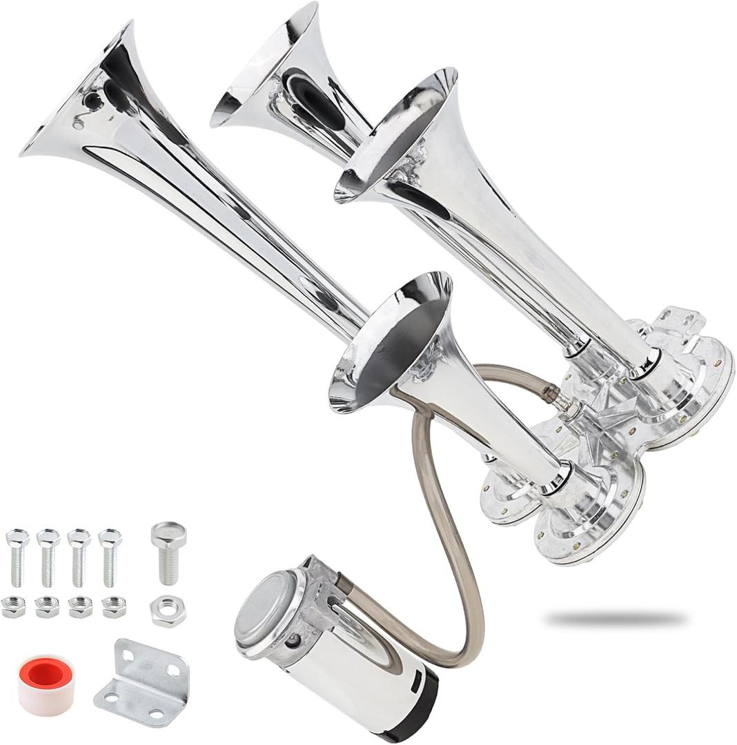 Train Horns Kit, 4 Trumpet Air Horn Kit, 12V 185db Super Loud Train Horns for Pickup Trucks, Four Trumpet Air Horn with Compressor for Vehicle Cars Trucks Pickup Trains Lorrys Boats