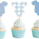 48 PCS Blue Bodysuit Happy Birthday Cupcake Toppers Blue Gingham Theme Party Decorations Baby Shower Cake Decor Cupcake Decorations Cake Decorating Party Supplies Decor for Boys Girls Baby Shower