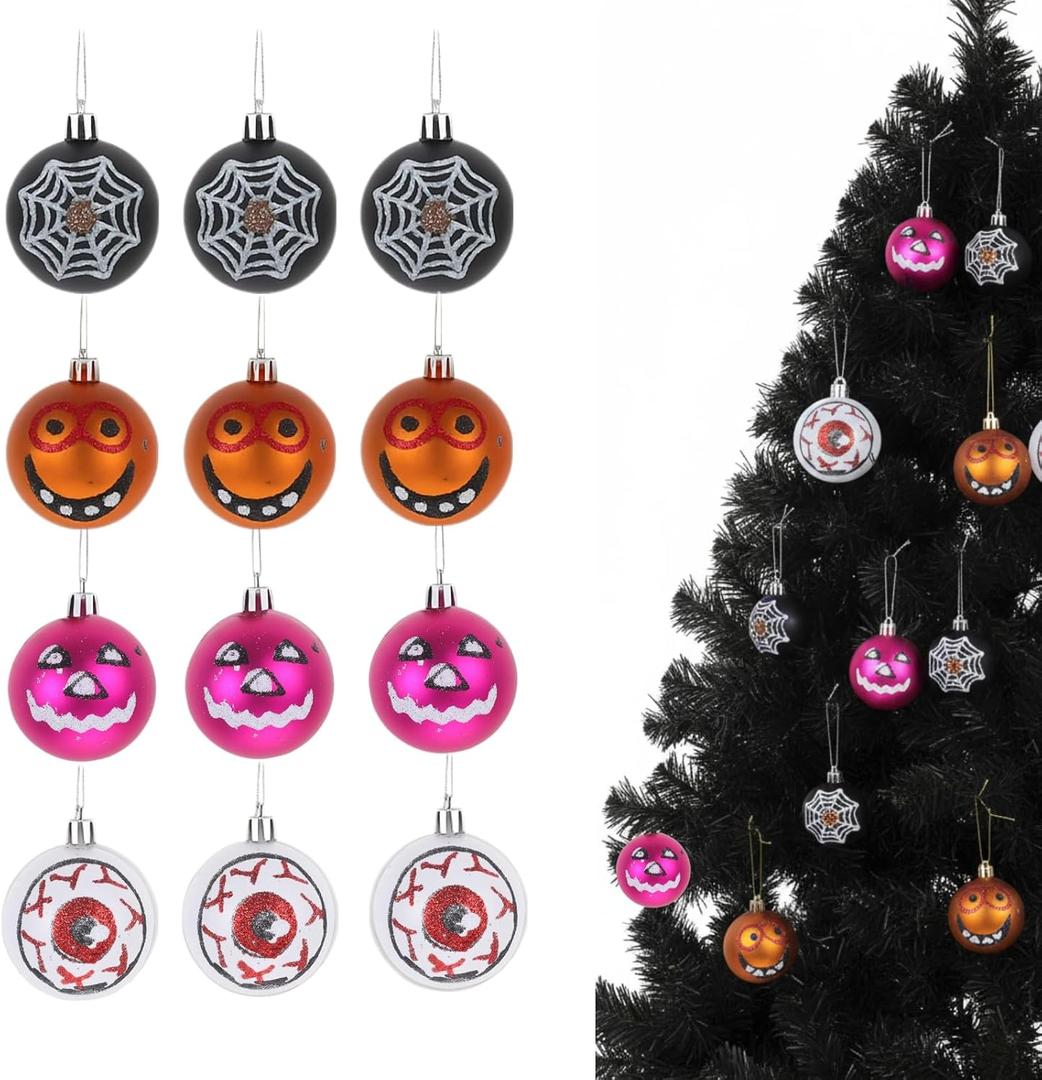 12pcs Christmas Hanging Balls Ornaments: 2.36 Plastic Glitter Shatterproof Balls for Decorations - Pumpkin Jack Spider Eyeball Decor for Party Holiday Tree Haunted House Party