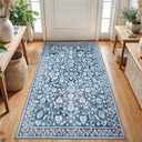 SILOLOOM Vintage 3x10 Washable Rug for Entryway, Super Soft Blue and White Entryway Rug Non-Slip, Printed Faux Wool Floral 3x10 Area Rug Thin Floor Carpet for Kitchen, Bedroom, Office, Living Room