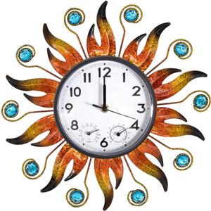 Sun Outdoor Clock with Thermometer and Hygrometer Combo, Silent No-Ticking Outdoor Wall Clock, Waterproof Quartz Clock for Patio, Living Room, Kitchen, Garden, 13 Inch