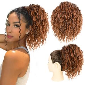Messy Bun Hair Piece Yaki Textured Sweet Loose Wavy Curly Hair Bun Short Drawstring Ponytail Extensions Hair Toppers Synthetic Hairpieces Pony Tails Hair Extensions for Women(T1B/30#) (8 Inch)