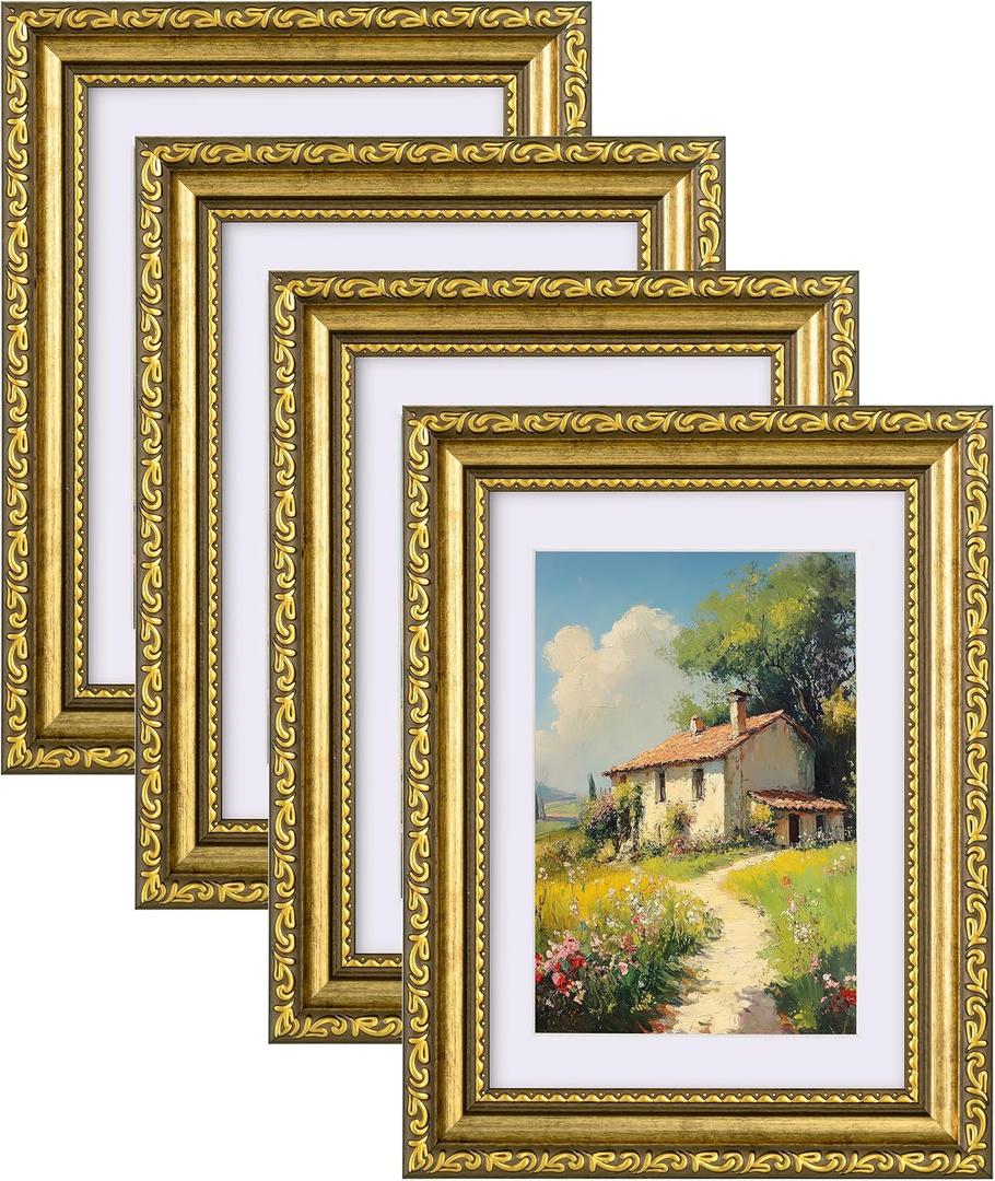 eletecpro 5x7 Picture Frames Set of 4, Gold Photo Frames with Glass Cover, Vintage Picture Frame 5 x 7 Displays 4x6 Photo with Mat or 5x7 without Mat for Tabletop or Wall Decor, Gold