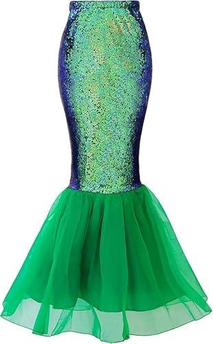 Women's Halloween Mermaid Tail Costume Dress Cosplay Party Sequin Maxi Skirt (US, Alpha, Large, Regular, Regular, Green)