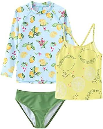 Girls 3 Piece Rash Guard Swimsuits Set Tankini Bathing Suits for Girls Long Sleeve Beach Swimwear 3-16 Years