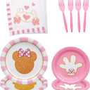 96 Pcs Minnie Tableware Set for Girl Pink Animals Theme Party Supplies With Gold Foil Decorations, Paper Plates, Napkins, Forks - Serves 24 Guests
