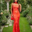 Women Floral Strapless Maxi Dress Sexy Backless Flowy Bodycon Tube Long Dress with Scarf (Red, L)