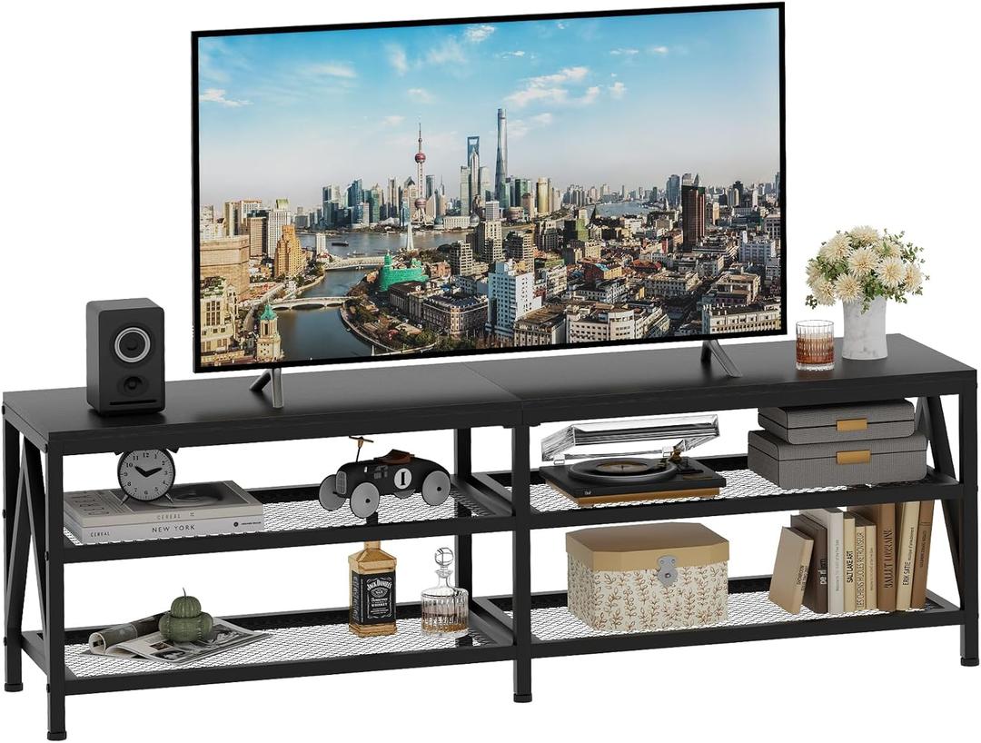 TV Stand for TVs up to 70 Inch, 63" Long Industrial TV Console Table with 3-Tier Storage Shelves, Entertainment Center for Living Room, Bedroom (Black)