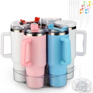 Chunful Water Bottle Organizer for Tumbler with Handle Rotatable Cup Holder Water Bottle Storage for Cabinet 40oz Cup Lid Organizer Storage Rack with 6 Straw and Straw Caps 6 Brush Transparent Kitchen
