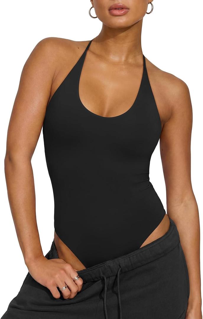 REORIA Bodysuits for Women Sexy Halter Tie Back Deep U Neck Bodysuit Backless Cami Tank Top (Black, XS)