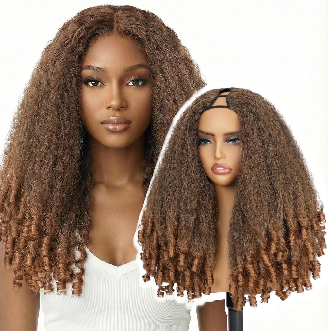Curly V Part Wig, Afro V Part with Curly Ends 24 Inch T30, Synthetic V Part Wig Kinky Curly Wear and Go Glueless Wig for Black Women