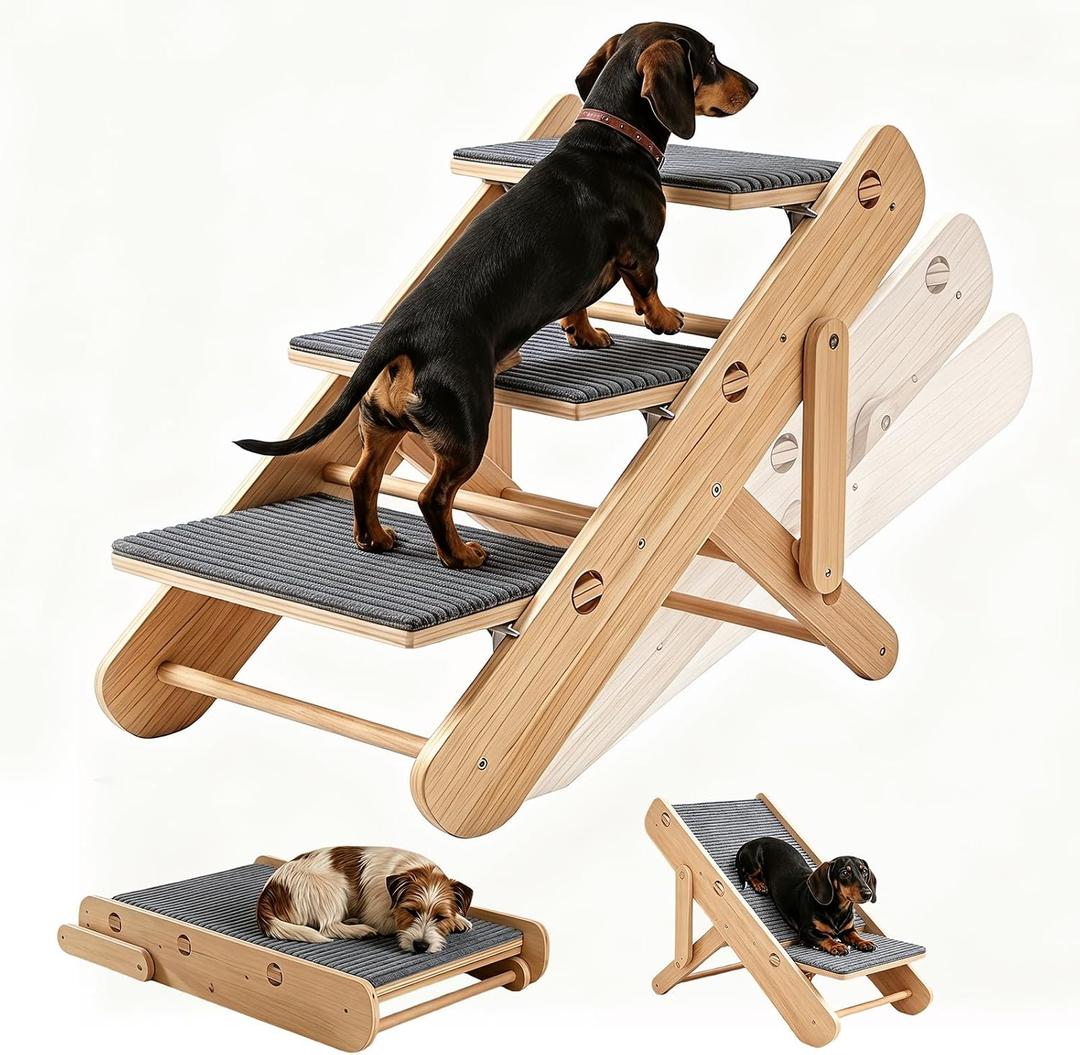 2 in 1 Compact Dog Stairs & Ramp for Small Dogs, Dachshunds & Old Cats, Sturdy Wooden Foldable Adjustable Pet Steps with Non-Slip Mat for Bed Couch Car Travel