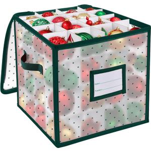 BINSUNS Christmas Ornament Storage Box, Christmas Storage Containers Organizer Bag with Dividers - Fits up to 64 Holiday Xmas Ornaments Decorations 3" Seasons Balls (Green)