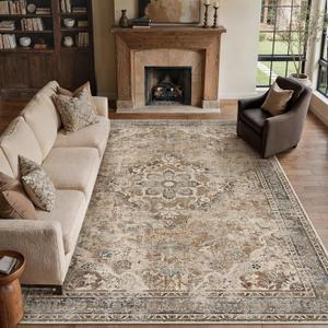 PureCozy Brown Vintage 8x10 Area Rug for Living Room Machine Washable Large Rug Non-Slip Soft Low Pile Carpet Floral Stain Resistant Indoor Office Throw Rug for Bedroom Dining Room Nursery