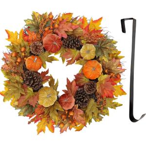 Fall Wreaths for Front Door 26'' Autumn Velvet Pumpkin Wreath with Metal Hook Large Harvest Maple Wreath Fall Decoration for Home Halloween Thanksgiving Decoration, Briful
