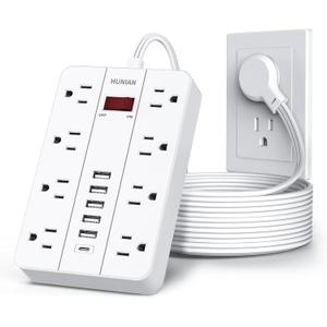 10 Ft Long Extension Cord,Power Strip with Multiple Outlets HUNIAN Flat Plug with 8 Widely Spaced Outlets 6 USB(1 USB C Port), Wall Mount Charging Station for Home and Office,White