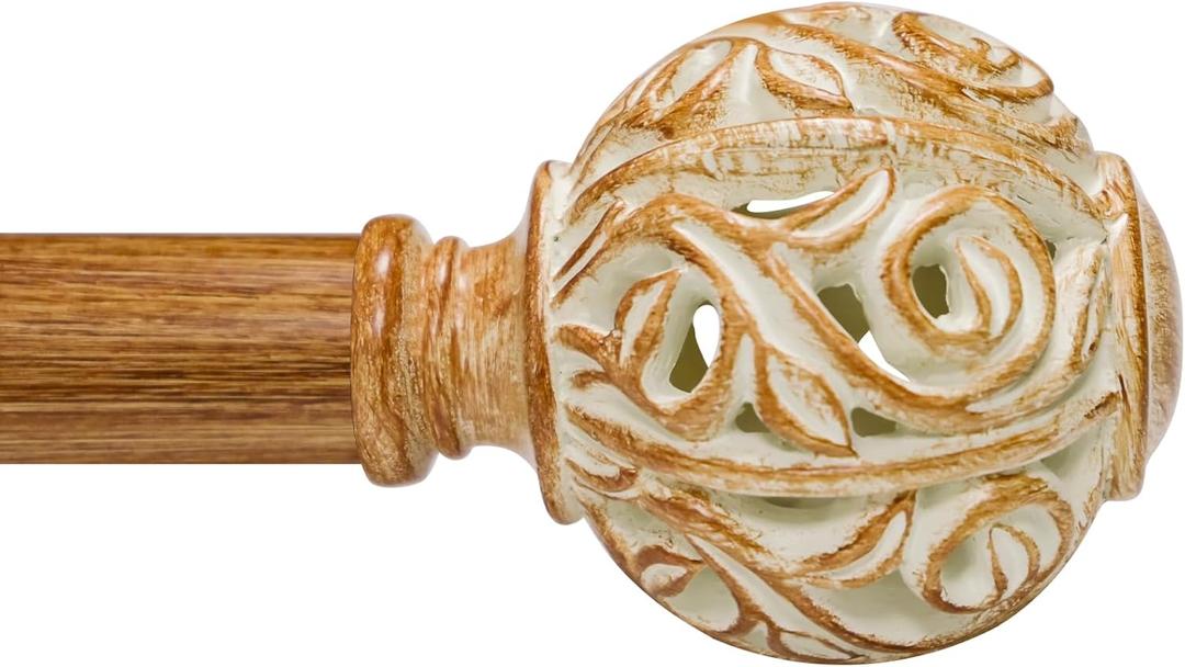 1 Inch Wood Curtain Rod For Windows 28 to 48 Inches, Heavy-Duty Adjustable Decorative Imitation Wood Grain Boho Curtain Rod With Rattan Leaf Hollow Finials For Bedroom  Living Room and Famhouse