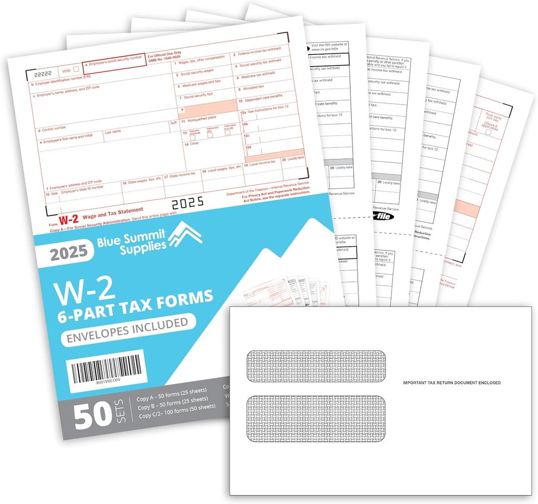Blue Summit W2 Forms 2025 with Envelopes, 6 Part W-2 Tax Forms 2025, 50 Employee Kit of Laser Forms with 3 W3s, Compatible with QuickBooks and Accounting Software, 50 Self Seal Envelopes Included