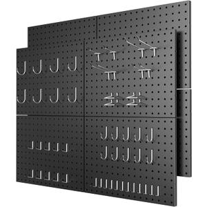 Peg Board 8 Pack Metal Pegboard Panels with 50 Hooks, Heavy Duty Pegboard Wall Organizer, Black Pegboards for Workbench, Garage Tool Storage, Office Organization, Kitchen, Craft Room (16x12"- 8 Pcs)