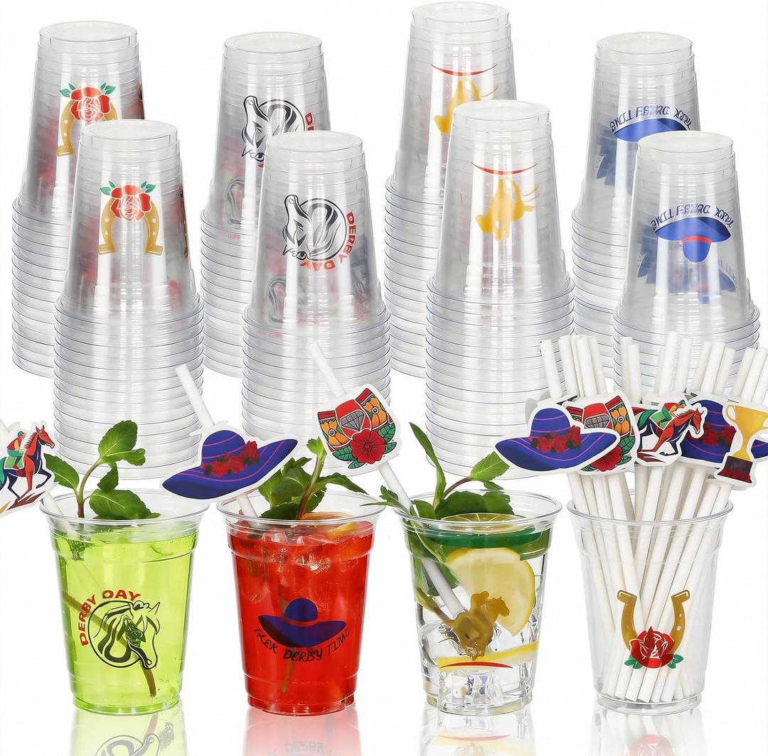 MUOUAKATE Derby Cups Plastic Disposable Bulk, 48 Pack 12 oz Derby Clear Julep Cups with Plastic Straws and Cards for Derby Party Decorations Supplies Horse Racing Favors Gift