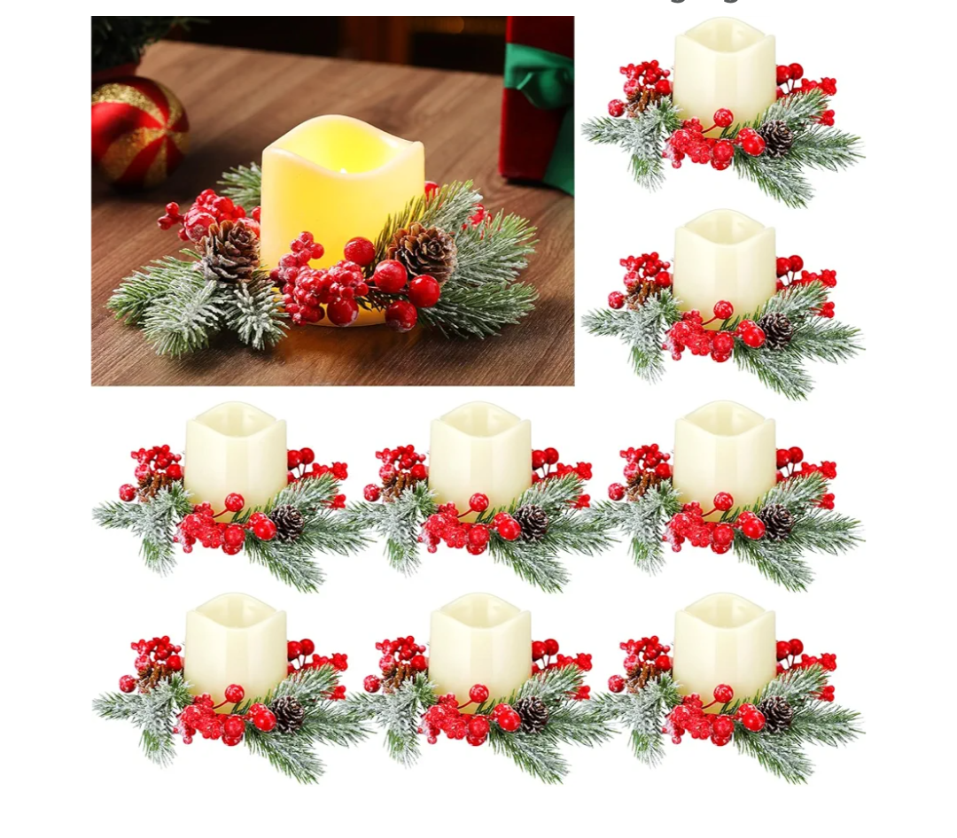 Quelay 24 Pcs Christmas Candle Rings Wreaths Berry Pillar Garland Candle Ring Holder Christmas Table Centerpiece Decor for Xmas Pinecone Holiday Festival Kitchen Cabinet Wreaths Hanging Decor