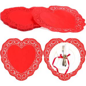 100 Pcs Heart Doilies Heart Paper Doilies Party Lace Paper Place Mats Disposable Placemats for Mother's Day Wedding Birthday Cakes Desserts Snack Tableware Decoration(Red,10 Inch)