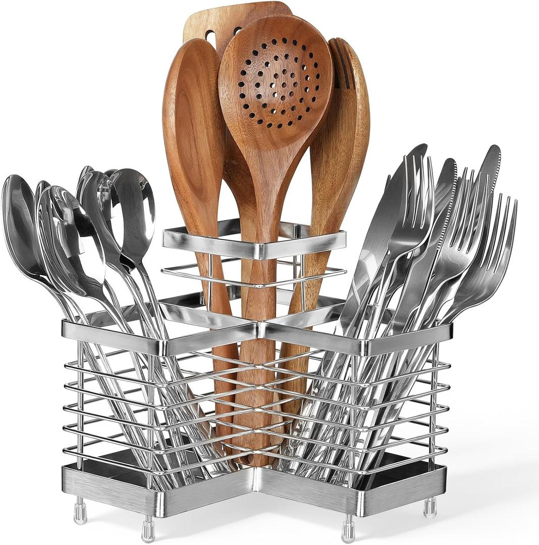 Utensil Holder, Stainless Steel Corner Utensil Holder for Kitchen Counter, 3 Compartments Utensil Crock Organizer for Spatulas, Silverware, Forks, Knives, Spoons & Cooking Tools