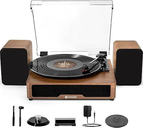 Vangoa Vinyl Record Player with External Speakers, Turntable for Vinyl Records Bluetooth, 3 Speed Belt-Driven LP Player, Portable Vintage Record Plaver with 2 Stereo Speakers for 33/45/78 ROM. Brown