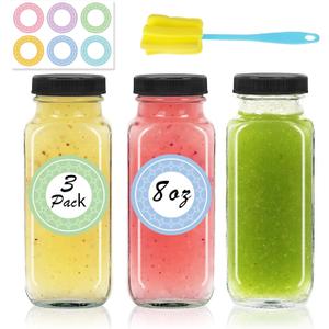 3 pack 8 oz Glass Juice Bottles with Lids, 250 ml Reusable Glass Water Bottles, Empty Drink Containers Drinking Jars with Brush, for Milk, Juicing, Kombucha, Ginger