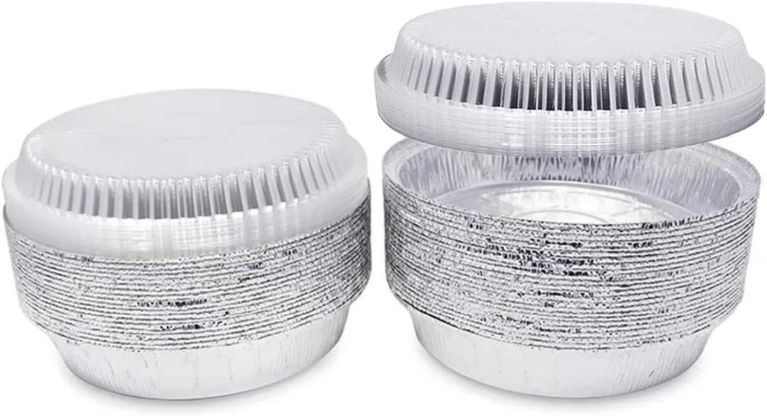 8'' Inch Round Tin Foil Pans Disposable Aluminum Pans with Clear Lids (60 Pack), Freezer & Oven Safe - For Baking, Cooking, Storage, Roasting, & Reheating, Recyclable, Pack of 60