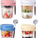 4 Pack Overnight Oats Jars with Lids Spoons: 12oz Glass Yogurt Pudding Cups - Portable Breakfast Container for Office Fitness