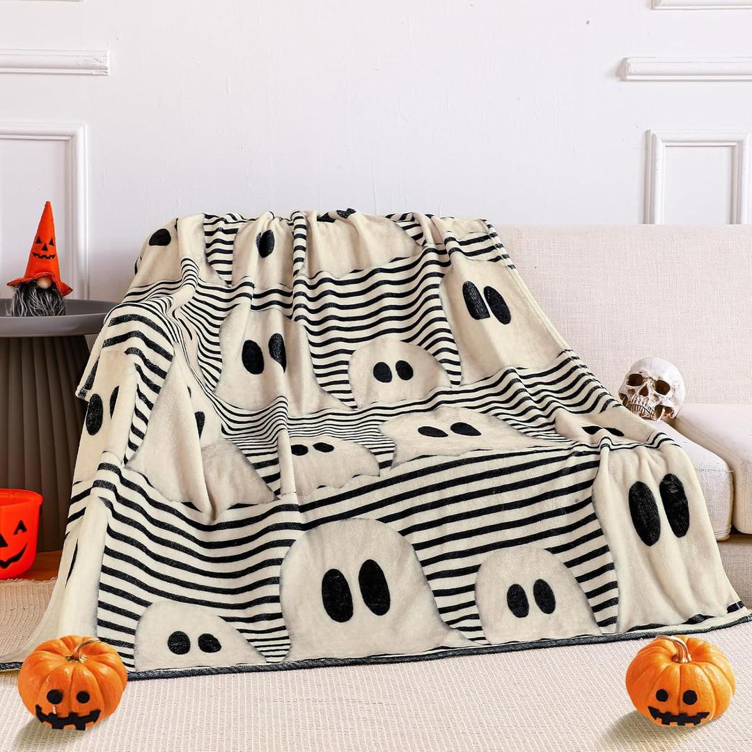 Halloween Throw Blanket Cute Rustic Ghost Flannel Blanket Farmhouse Spooky Blanket Soft Black White Striped Blanket Retro Halloween Decoration for Sofa Bed Holiday Party Gifts,50 x60