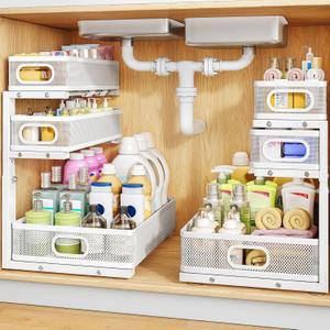 Under Sink Organizer, 2-Pack 3-Tier Thickened Metal Pull out Cabinet Organizer Shelf, Height Adjustable Slide out Storage Drawer Rack for Kitchen Bathroom Pantry Laundry Home Organization, White