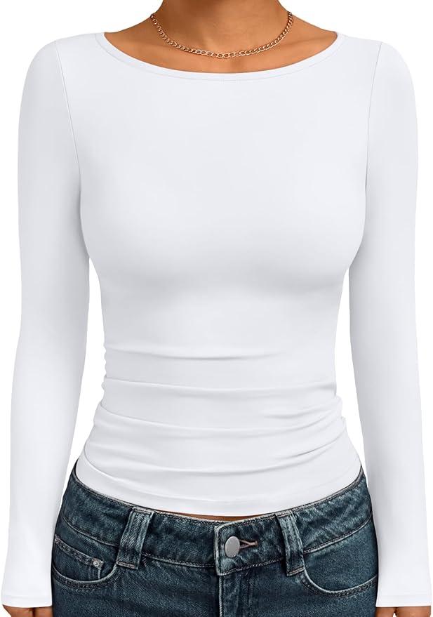 Trendy Queen Women's Boat Neck Tops Long Sleeve Shirts Casual Fitted Tee Shirts Solid Color Fall Basic Clothes, M