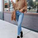 VIMPUNEC Womens Oversized Long Sleeve Sweaters Fall Casual Knit Pullover Tops Mock Neck Side Slit Jumper (Brown, L)