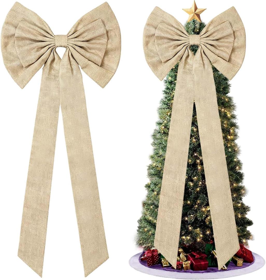 Extra Large Burlap Christmas Tree Topper Bows, Rustic Giant Christmas Bow Decorations Double-Layer Burlap Ribbon Bows with Long Streamers for Xmas Wreath Front Door Wall Wedding Farm Decor (20" X 70")