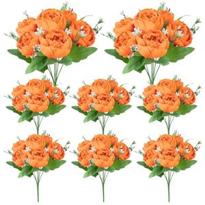 Ovveroche 8 Pack Orange Peonies Artificial Flowers, Fall Fake Silk Hydrangea Bouquet for Bridal Wedding Home Table Decor Reusable Dining Opening Ceremony Birthday Arrangement Faux Floral