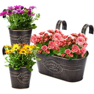 PerGar 3 Pack Metal Railing Planter Box Outdoor, 10.6" Hanging Flower Pots with Detachable Hooks & Drainage Holes, Rail Planter Boxes for Balcony Deck Porch Fence Garden Home Decoration, Black
