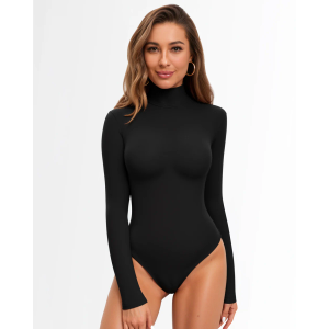 MANGOPOP Women's Mock Turtle Neck Long Sleeve Tops Bodysuit Jumpsuit, Large