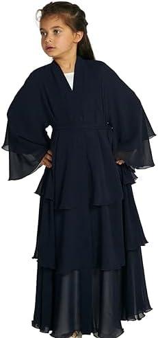 Chiffon layered Open Abaya Dubai Kaftan Muslim Cardigan Abayas Dresses For Girls Casual Robe Kimono Islam Clothing 7-8